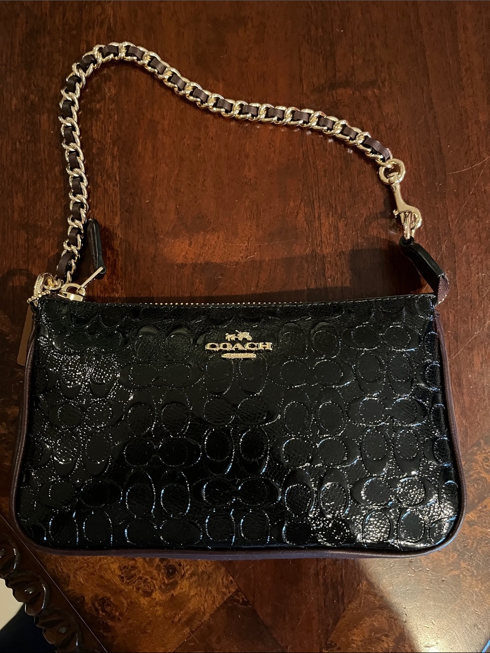 Coach Black Patent Signature small bag with Gold Chain mini purse